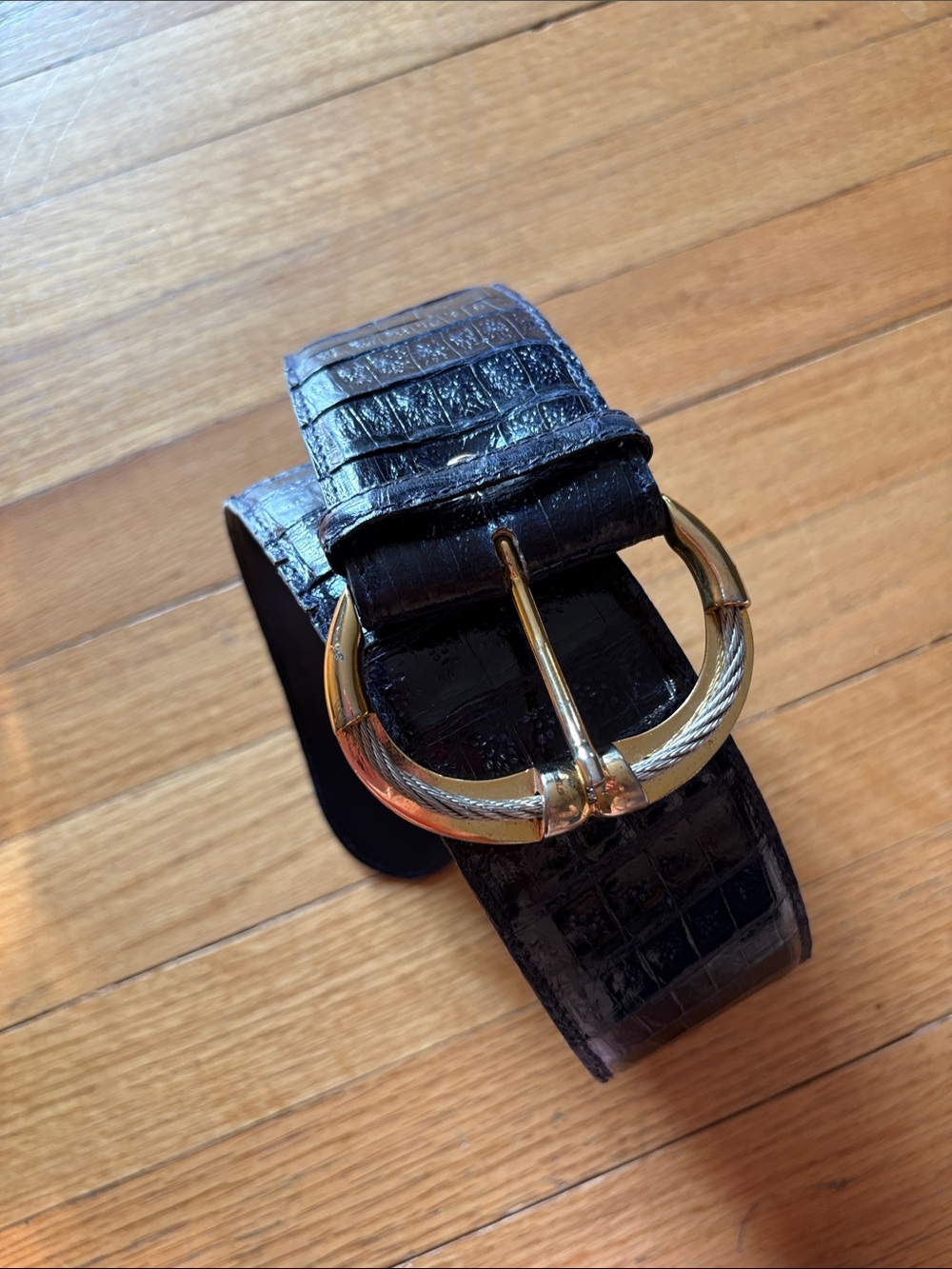 vintage caiman crocodile leather navy blue belt